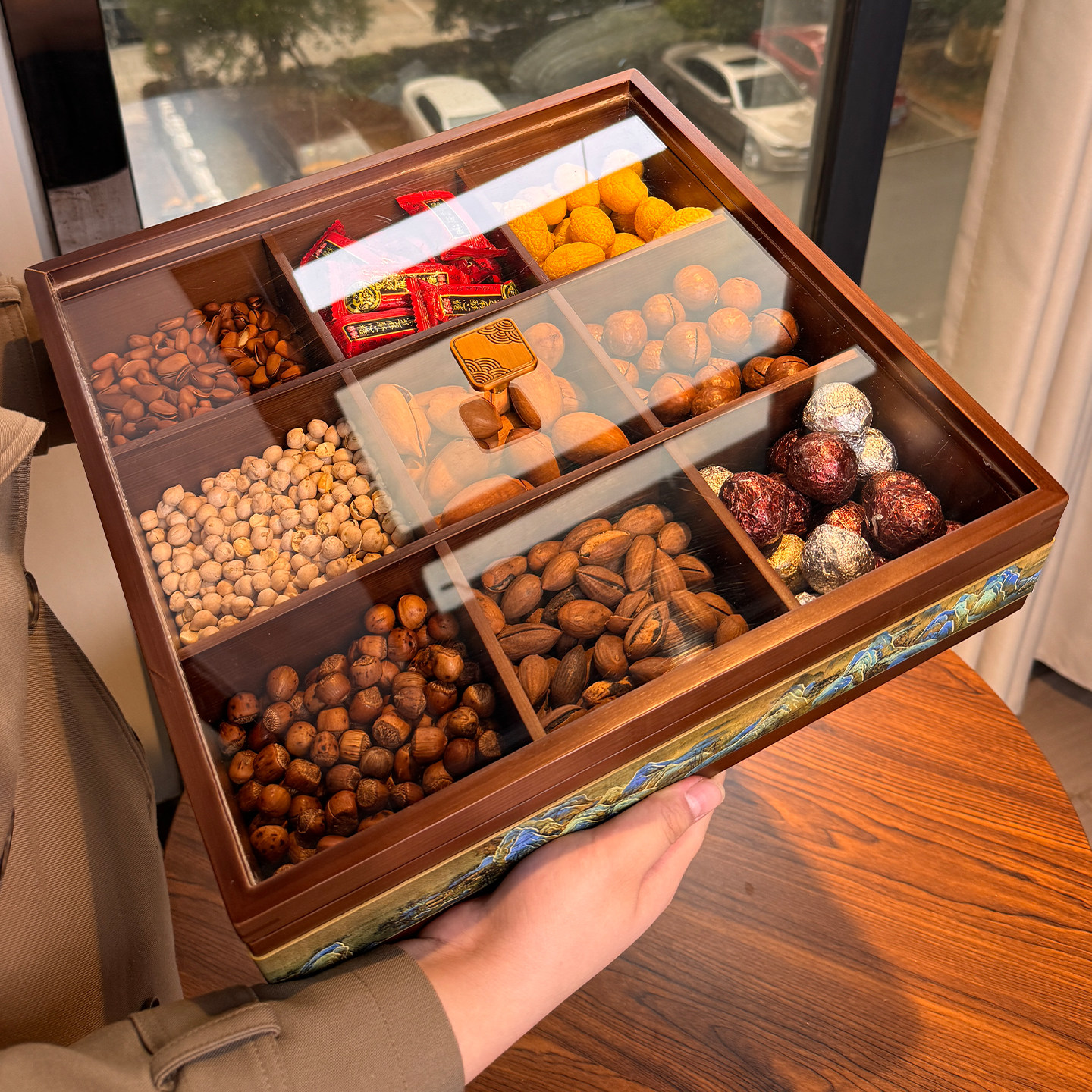 中式高端高档九宫格干果盒实木坚果盘客厅家用高级感瓜子零食糖果