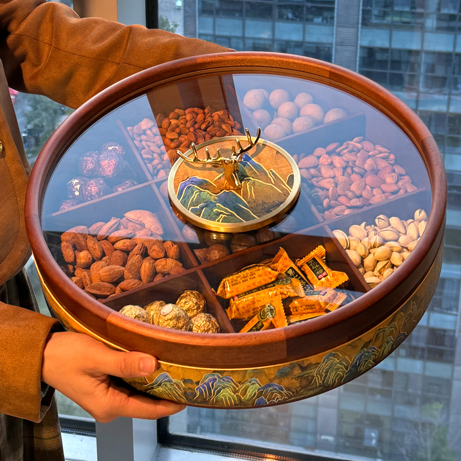 九宫格实木干果盒客厅茶几家用精致水果盘轻奢高档坚果零食摆放盘