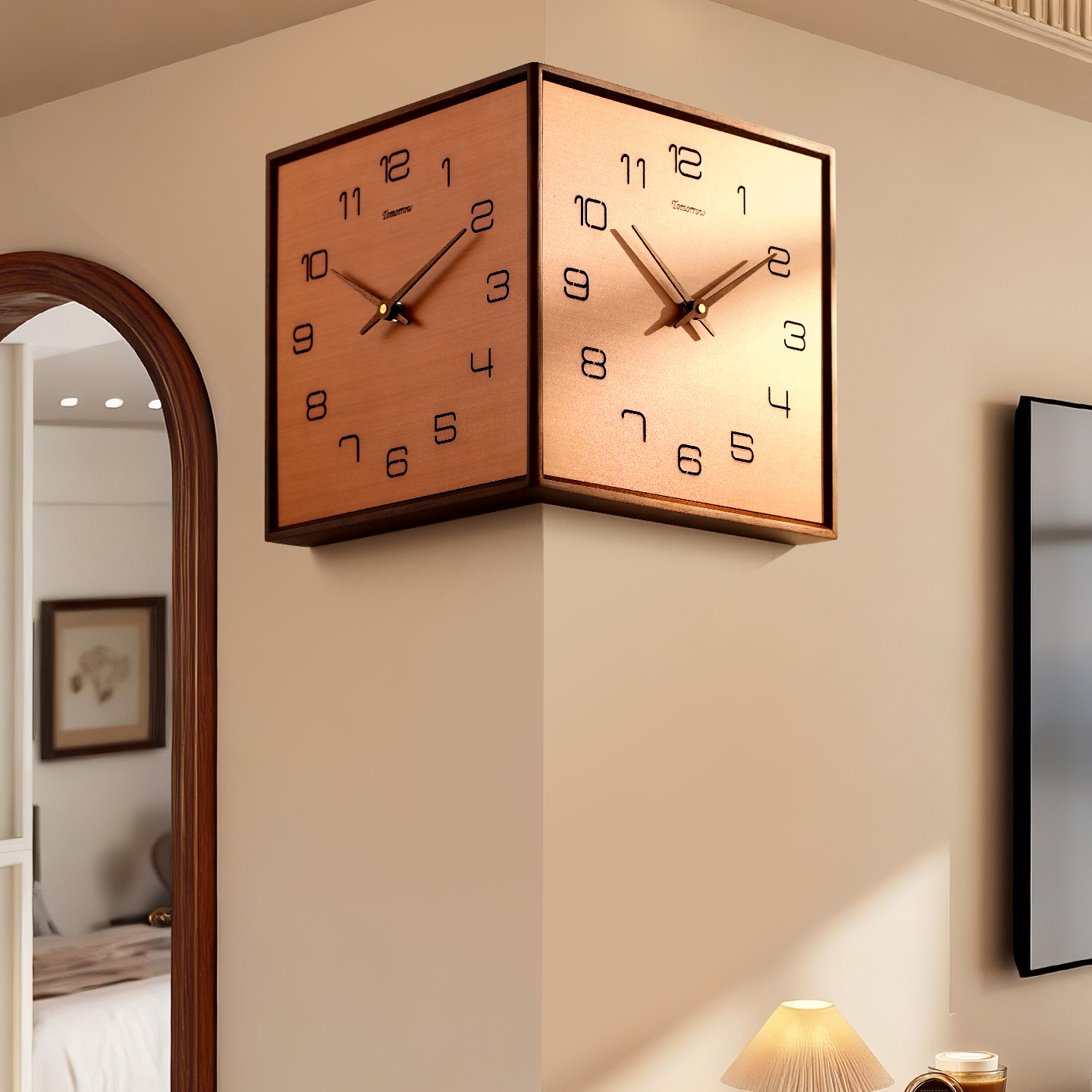 原木风复古简约双面挂钟高级感