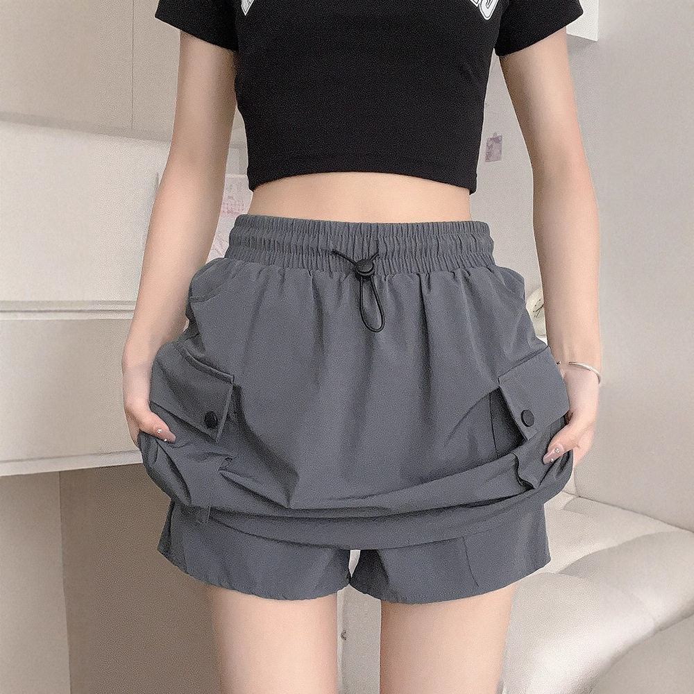 灰色工装半身裙女夏季薄款高腰a字阔腿小个子显瘦美式速干短裙裤