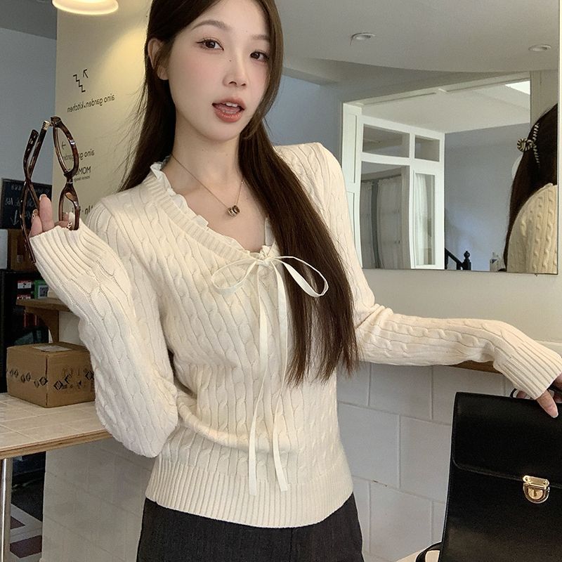 韩系学院风设计感假两件长袖毛衣针织衫女春季蓝色温柔风修身上衣