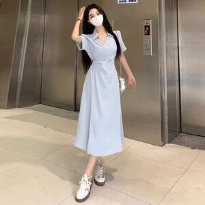 夏季甜美学院风小个子收腰显瘦连衣裙百搭不规则设计感中长裙子