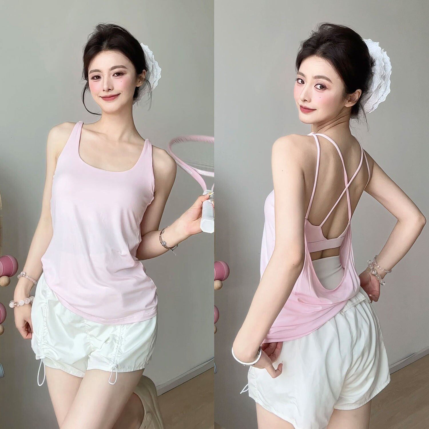 gogoyoga瑜伽背心夏固定杯专业普拉提训练上衣假两件健身运动美背