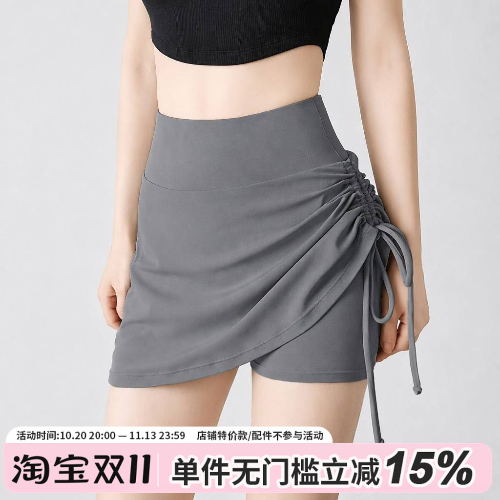 夏季休闲运动短裤女跑步户外高腰抽皱防走高腰跑步假两件瑜伽短裤