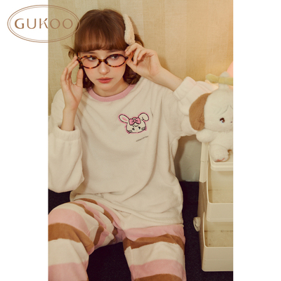Gukoo/果壳睡衣女秋冬款mikko系列薄绒保暖长袖家居服套装