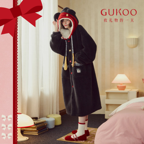 Gukoo/果壳情侣睡袍秋冬新品米奇家族联名加绒保暖连帽家居服睡袍