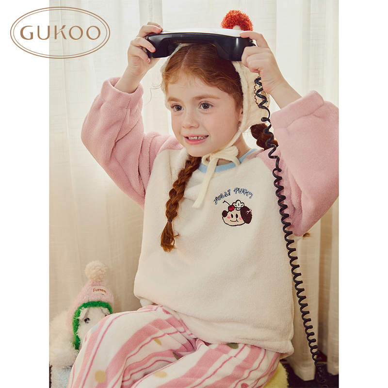 Gukoo/果壳睡衣儿童女冬款加绒轰轰小狗联名竖条纹可爱居家服套装