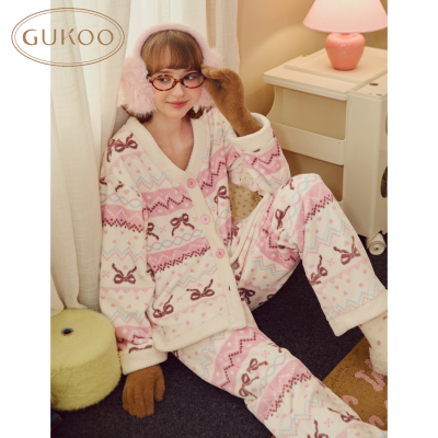 Gukoo/果壳睡衣女冬款蝴蝶结满印加绒可外穿家居服套装