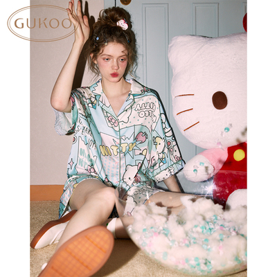 Gukoo/果壳睡衣女夏季HelloKitty新款甜美女士家居冰丝家居服套装