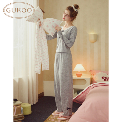 Gukoo/果壳睡衣女春秋款含胸垫mikko系列花边长袖家居服套装