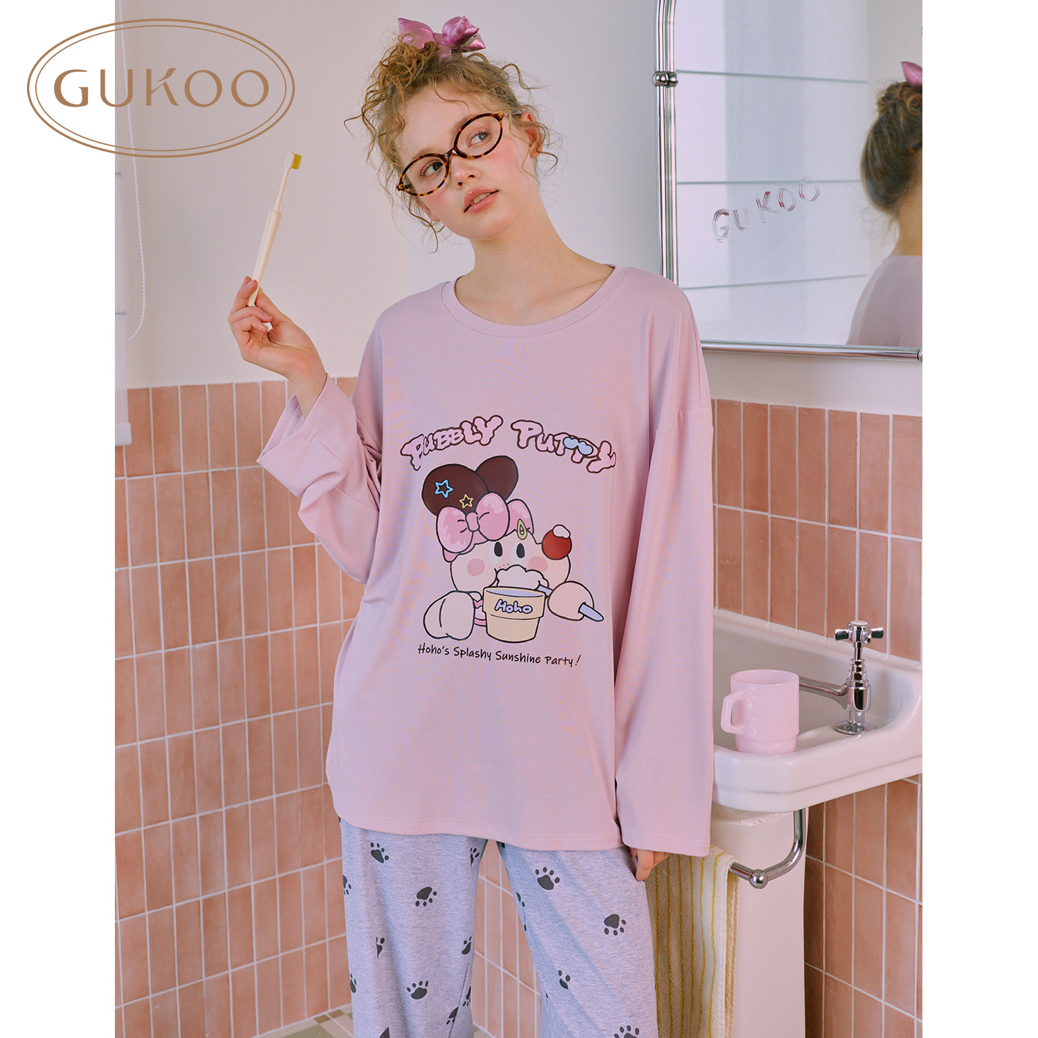 Gukoo/果壳睡衣女春秋新款轰轰小狗可爱卡通印花家居服套装可外穿