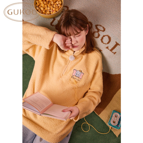 Gukoo/果壳睡衣女秋冬新款小飞象联名半边绒保暖可外穿家居服套装