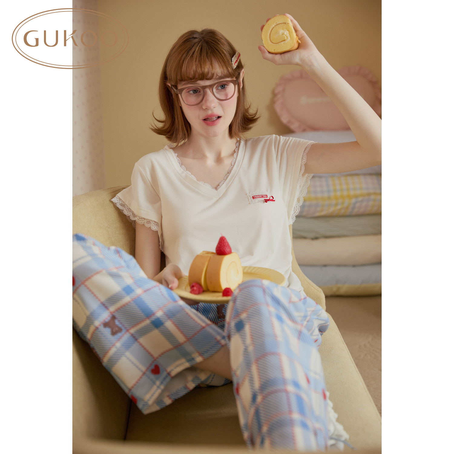 Gukoo/果壳睡衣女春夏款带胸垫收腰格纹显瘦可外穿居家服套装