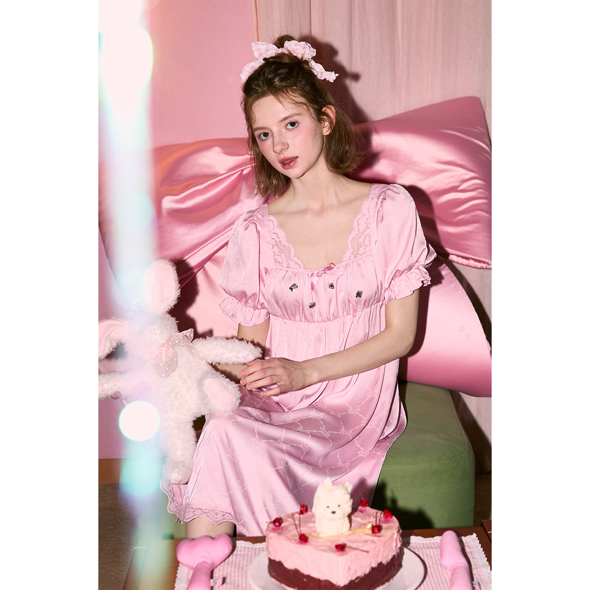 Gukoo/果壳睡衣女夏款纯色蕾丝花边公主风短袖家居服睡裙