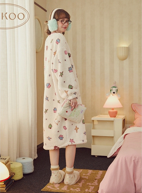 Gukoo/果壳睡衣女冬miiiiichan系列满印加绒长袖冬款睡裙