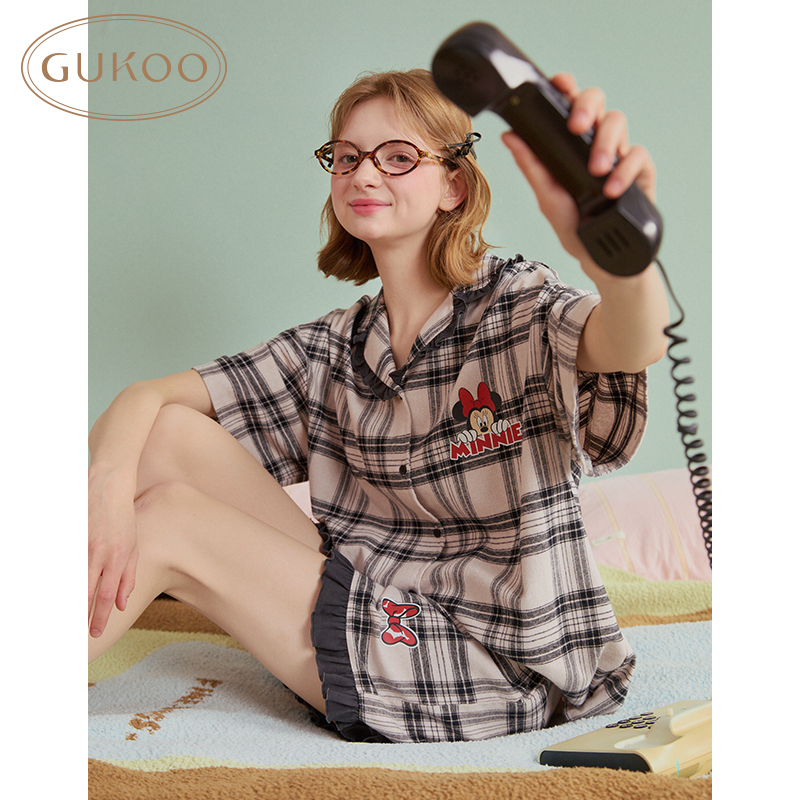 Gukoo/果壳睡衣女夏款迪士尼系列米妮纯棉格子短袖家居服套装
