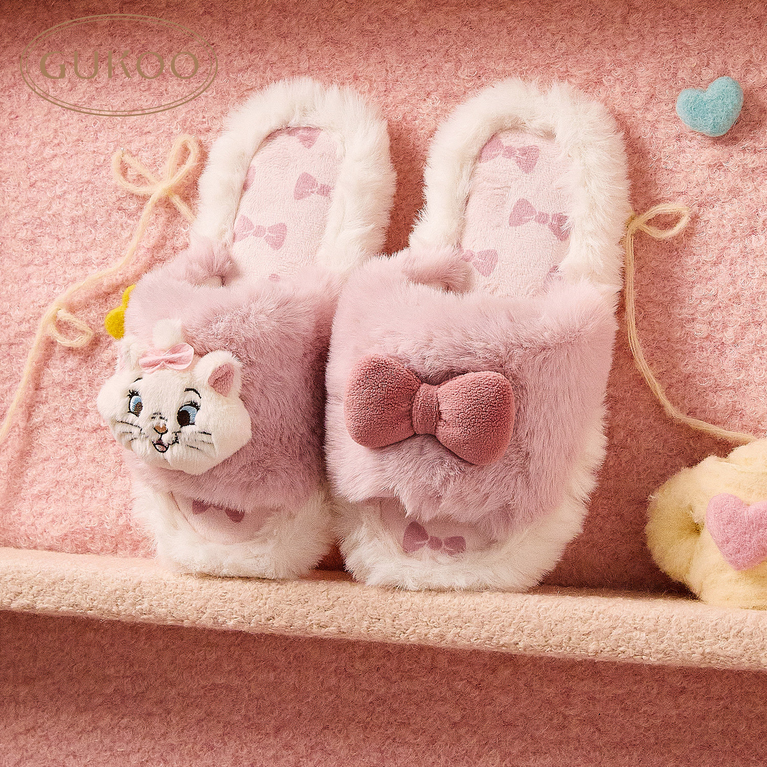 Gukoo/果壳拖鞋女秋冬款玛丽猫联名蝴蝶结保暖毛绒居家拖鞋