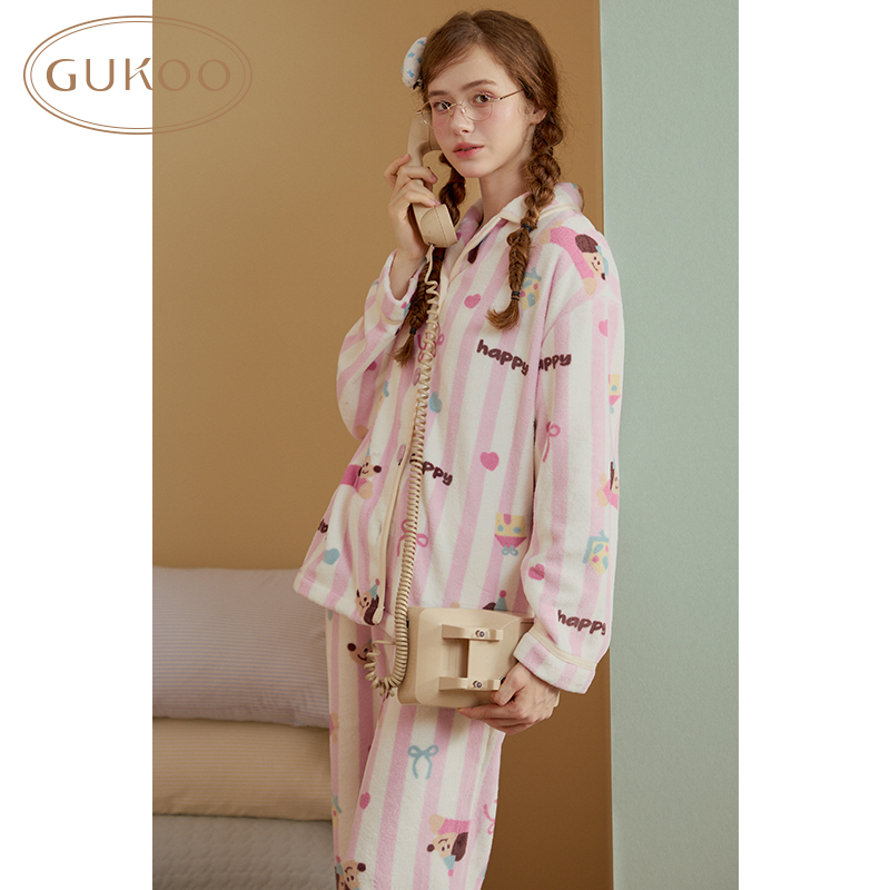 Gukoo/果壳睡衣女冬款轰轰小狗系列满印加绒保暖家居服套装