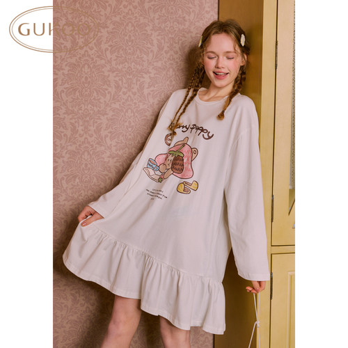 Gukoo/果壳睡裙女秋冬新款轰轰小狗大卡通纯棉长袖可外穿家居服