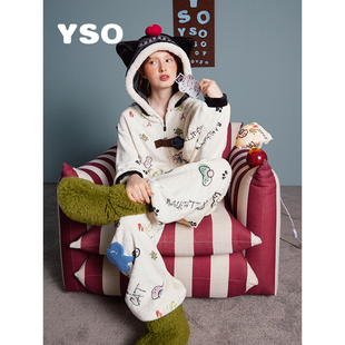 yso睡衣女冬款酷猫系列加厚珊瑚绒连体衣可外穿家居服套装