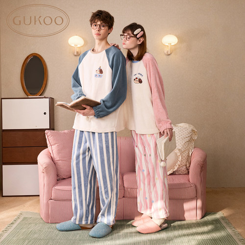 Gukoo/果壳情侣睡衣冬新品轰轰小狗珊瑚绒保暖家居服套装睡衣女