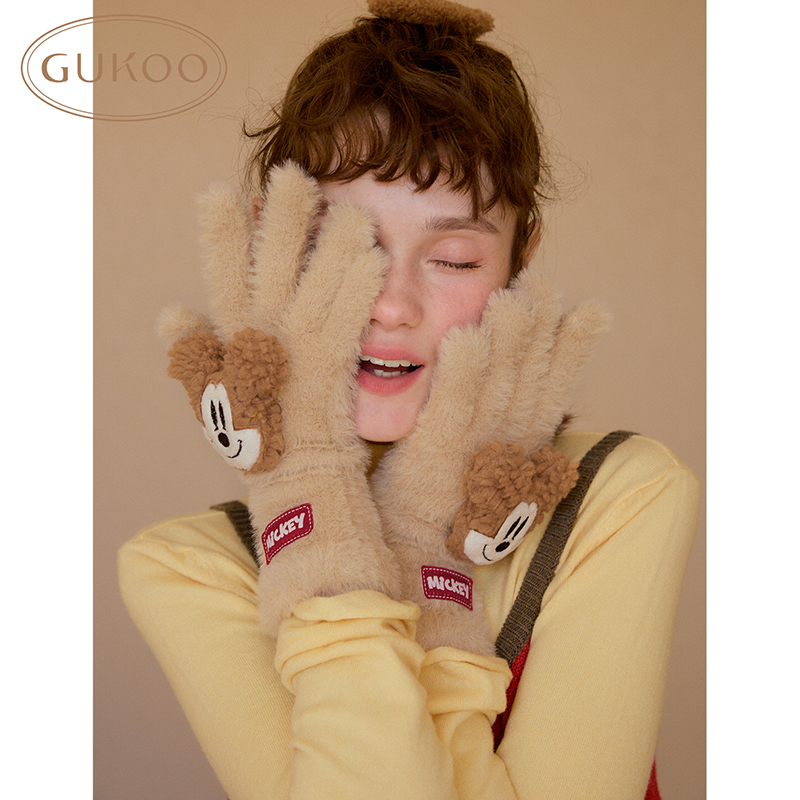 Gukoo/果壳手套女冬款米奇系列可爱毛绒保暖手套