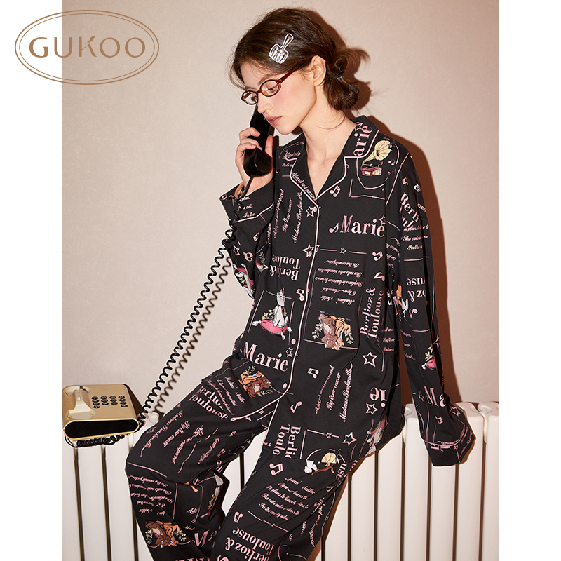 Gukoo/果壳睡衣女春秋款玛丽猫系列翻领满印长袖家居服套装