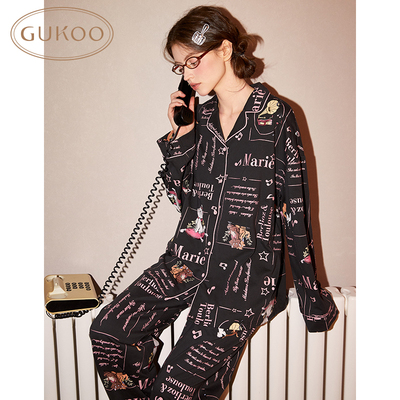 Gukoo/果壳睡衣女春秋款玛丽猫系列翻领满印长袖家居服套装