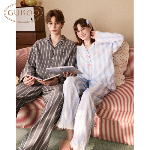 Gukoo/果壳【双层棉纱100%棉】睡衣女夏季新款条纹纯棉家居服套装