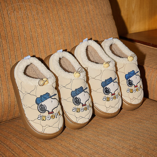 Gukoo/果壳拖鞋女秋冬款史努比联名保暖毛绒包头居家拖鞋