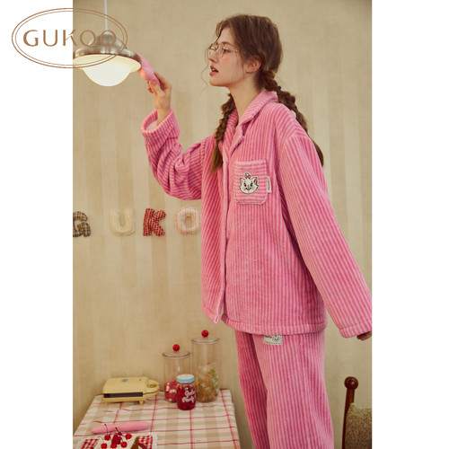 Gukoo/果壳睡衣女冬款玛丽猫联名加绒保暖竖条纹家居服套装