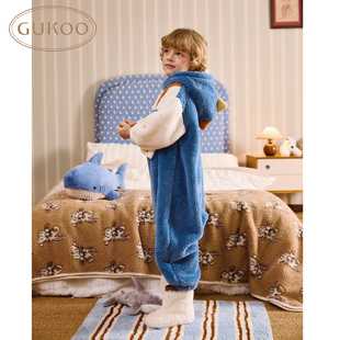 Gukoo/果壳睡衣儿童冬款加绒可爱恐龙连帽外穿宝宝家居连体衣