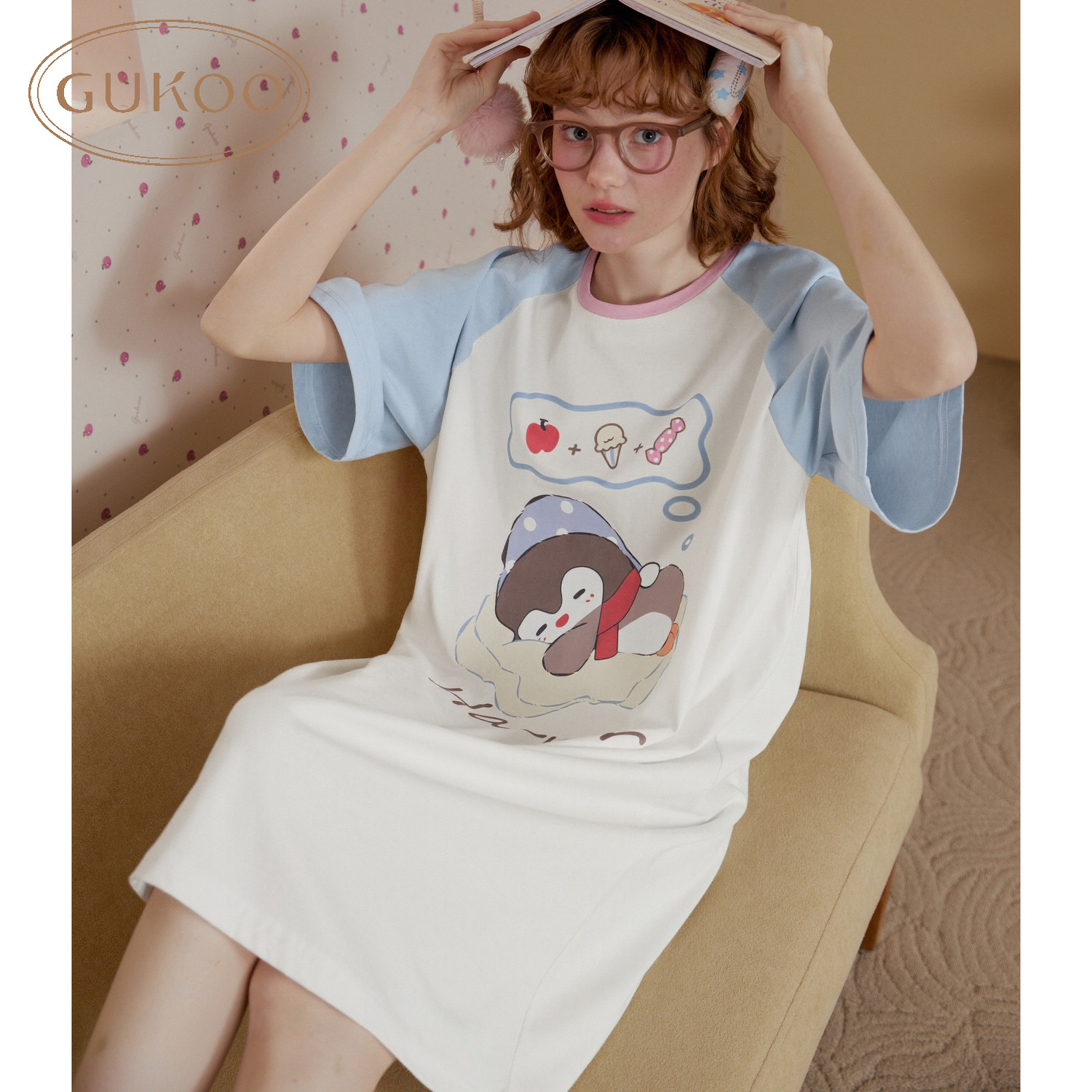 Gukoo/果壳睡衣女夏款卡通企鹅可爱新款可外穿女士居家睡裙