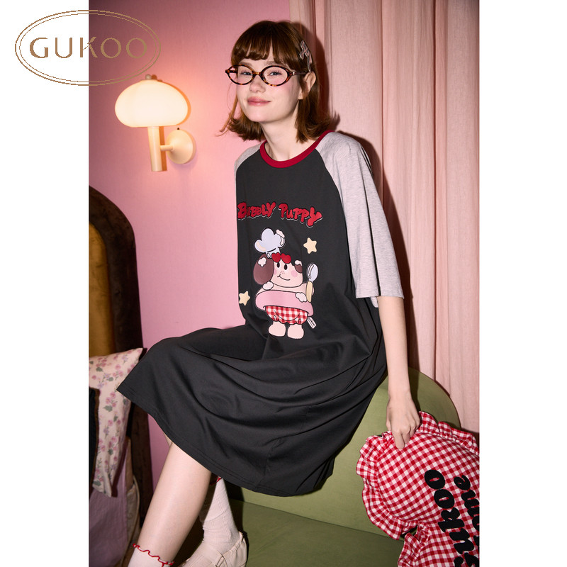 Gukoo/果壳睡衣女夏款轰轰小狗卡通可爱新款纯棉宽松居家睡裙