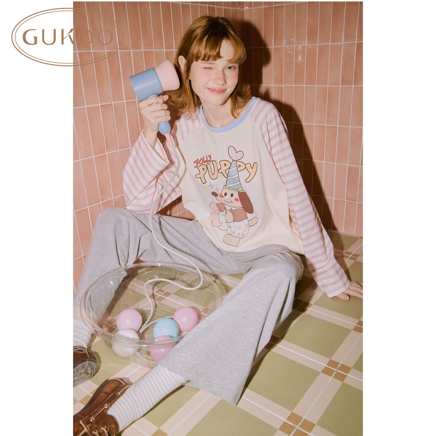 Gukoo/果壳睡衣女春秋长袖纯棉轰轰小狗可爱条纹可外穿居家服套装图片
