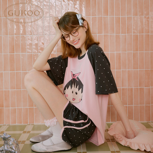 Gukoo/果壳睡衣女夏季新款樱桃小丸子联名大卡通可外穿家居服套装