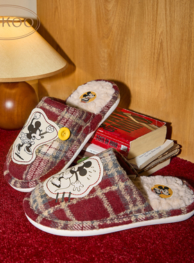 Gukoo/果壳拖鞋女秋冬款红色米奇系列格纹保暖本命年毛绒居家拖鞋