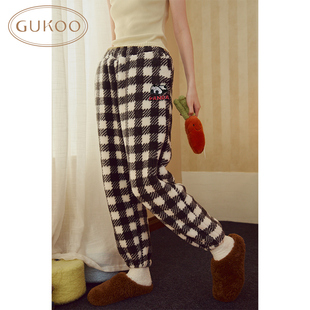 Gukoo/果壳睡裤女冬季黑白格纹加绒保暖熊猫家居裤可外穿
