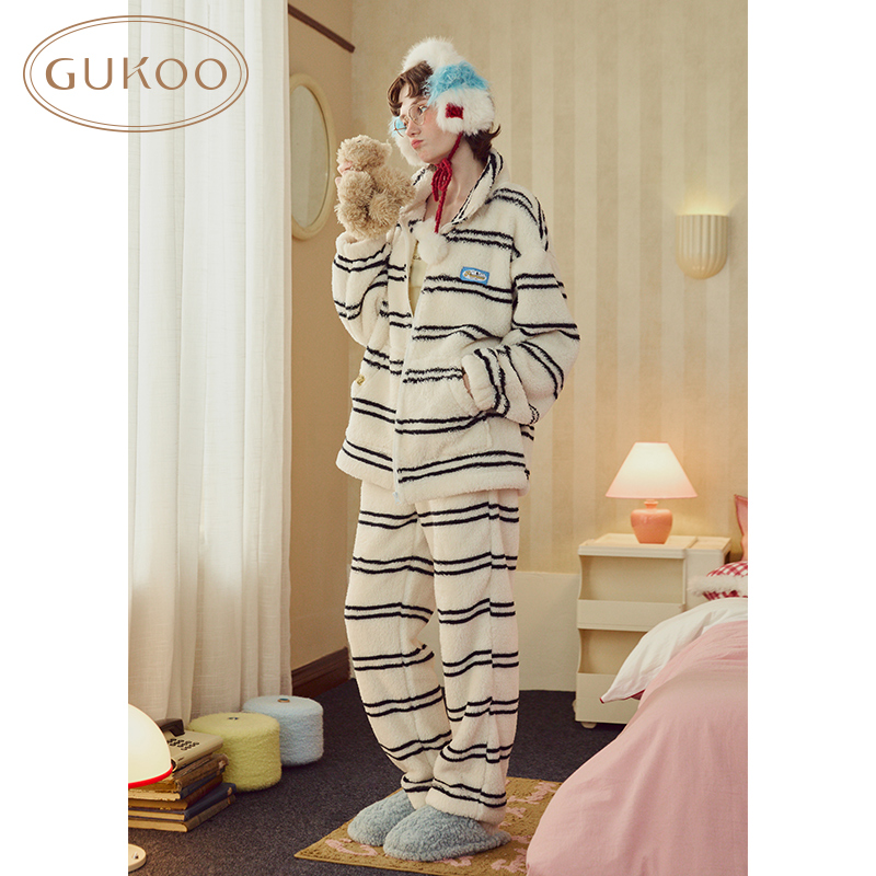 Gukoo/果壳睡衣女冬款加绒黑白条纹史努比联名家居服套装