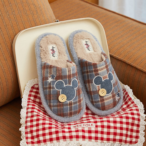 Gukoo/果壳棉拖女冬迪士尼系列毛绒情侣冬款地板包头家居拖鞋