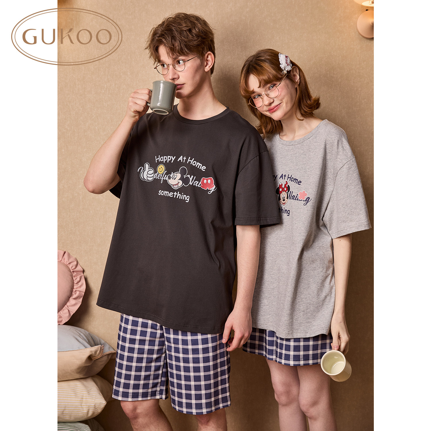 Gukoo/果壳睡衣情侣夏休闲简约IP联名纯棉短袖家居服套装可外穿