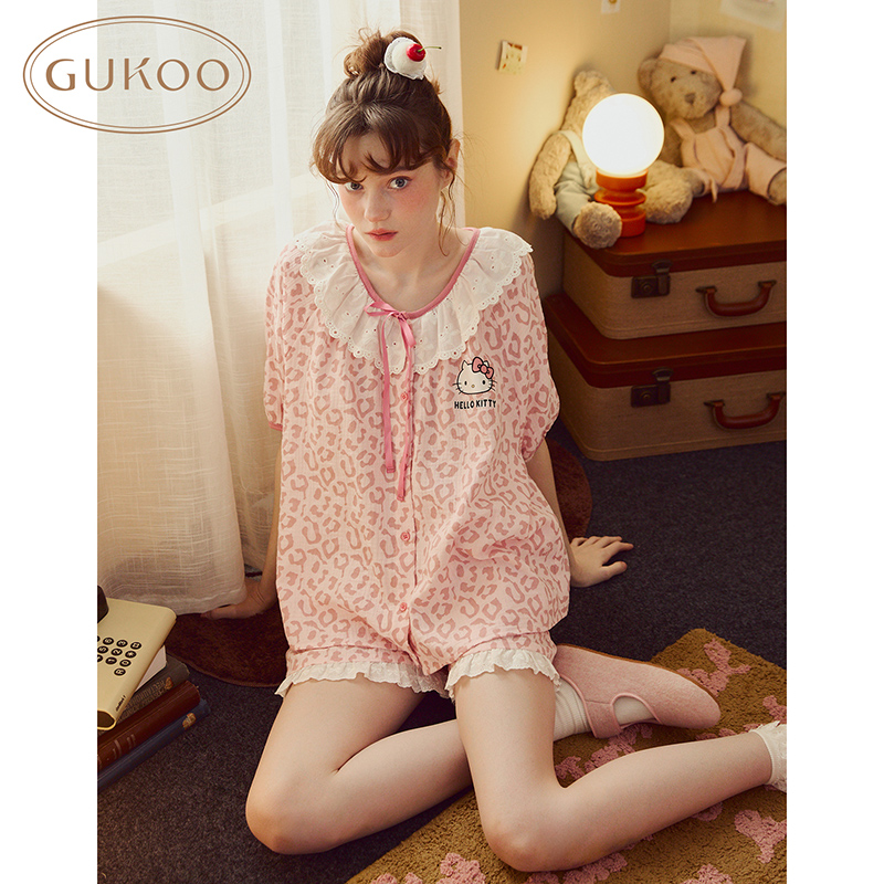 Gukoo/果壳睡衣女夏款hellokitty系列纯棉短袖家居服套装