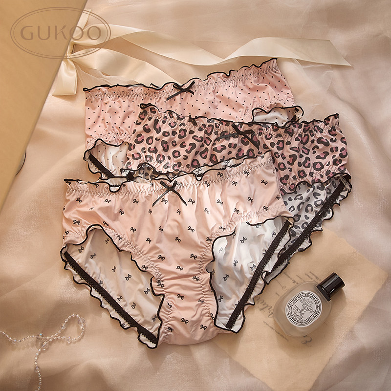 Gukoo/果壳内裤女夏【10A抗菌纯棉裆】甜美波点荷叶边3条组合装