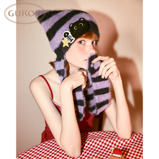 果壳女士帽子冬季 毛绒百搭休闲条纹外出保暖帽子