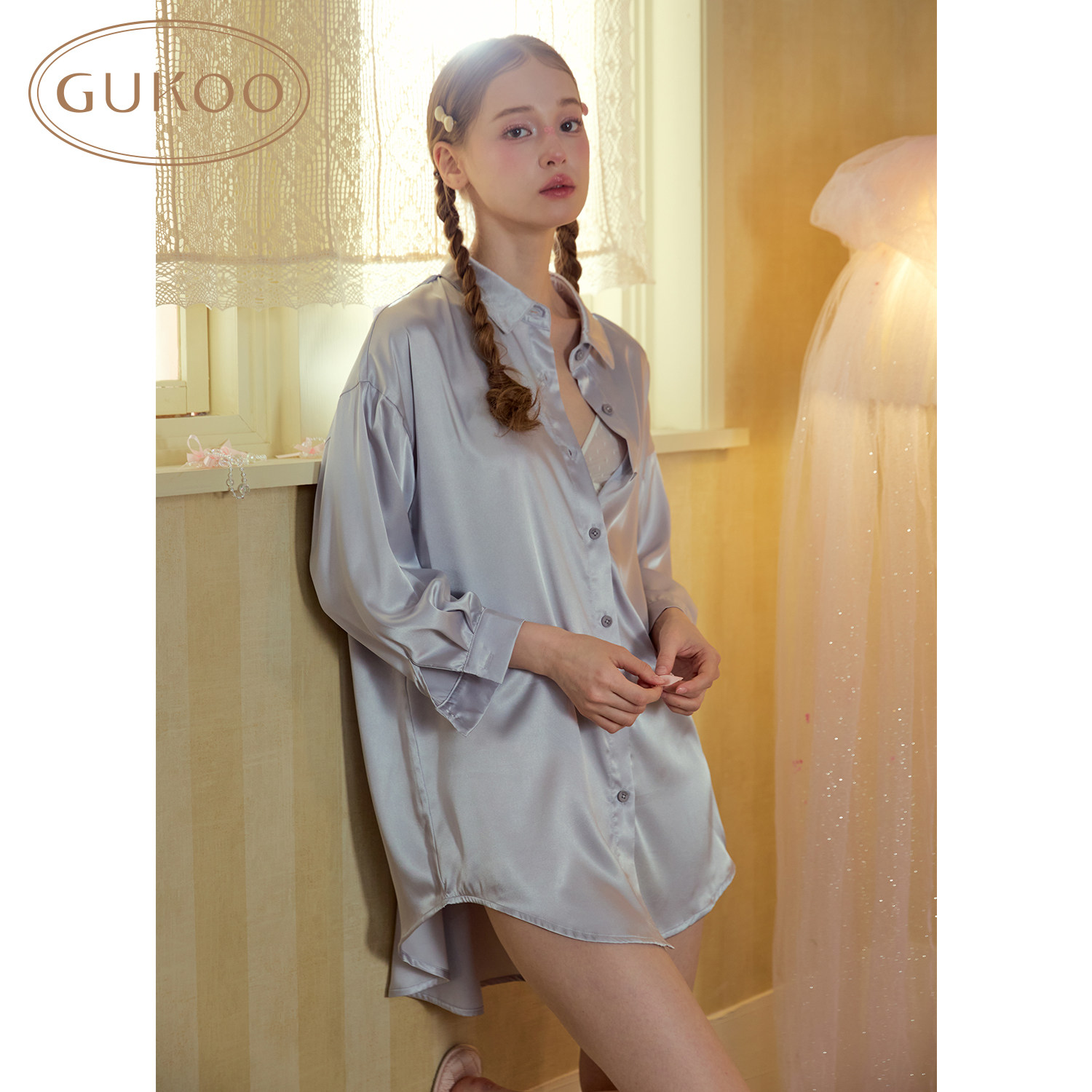 Gukoo/果壳睡裙女秋冬新款纯色冰丝缎面高级感可外穿家居服睡衣女