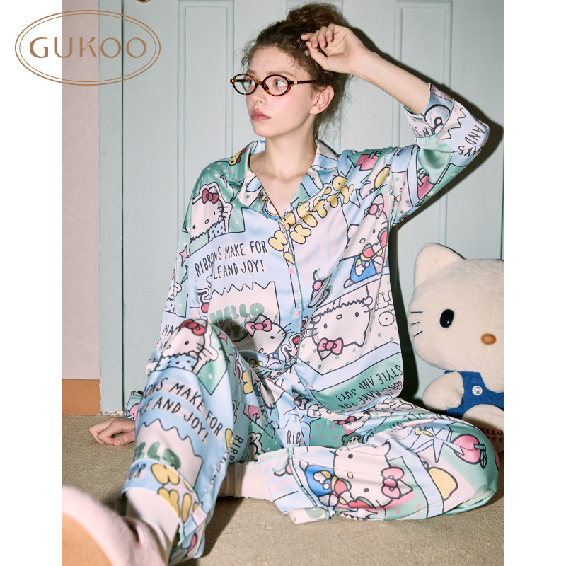 Gukoo/果壳睡衣女春秋hellokitty联名冰丝质感家居服套装可外穿