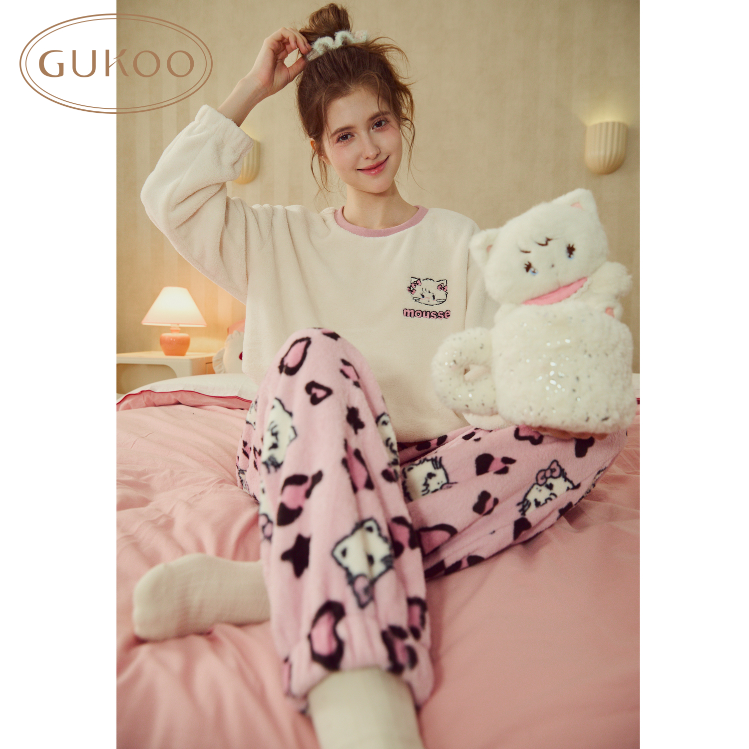 Gukoo/果壳睡衣女冬季mikko系列豹纹保暖毛绒家居服套装
