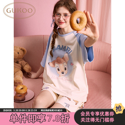 Gukoo/果壳睡衣女夏小鹿斑比系列短袖家居服套装甜美可外穿