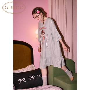Gukoo/果壳睡裙女秋冬新款纯棉樱桃小丸子联名宽松舒适中袖家居服