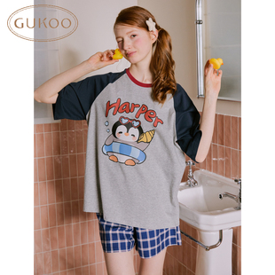 可外穿居家套装 Gukoo 果壳睡衣女春夏小企鹅卡通纯棉舒适居家短袖